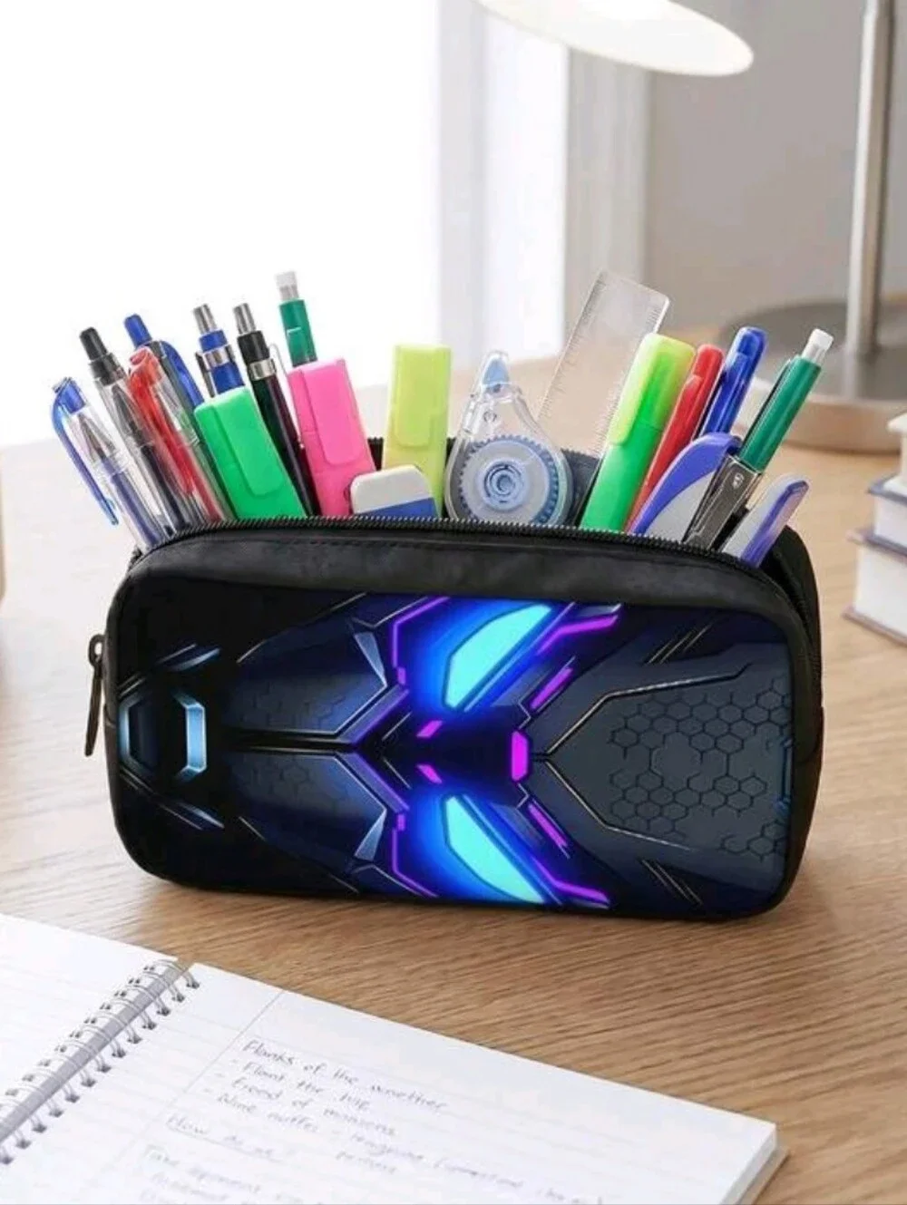 Men's Black Tech-Print Backpack Set with Blue & Purple Accents